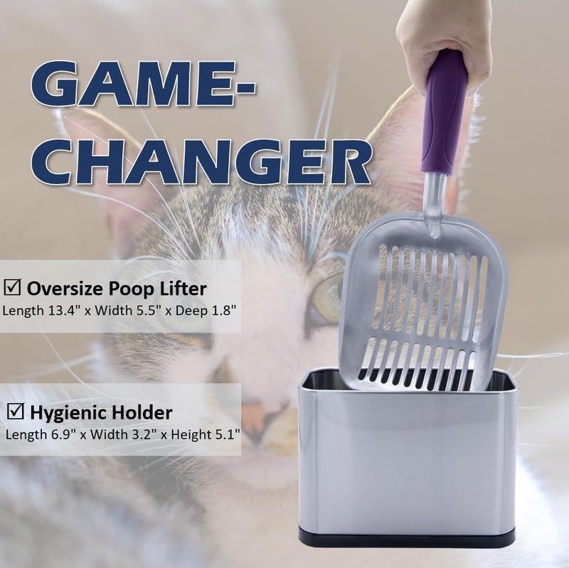 Vitisyao Metal Heavy Duty Cat Litter Scoop with Holder, Stainless Steel Kitty Litter Scooper Caddy for Litter Box, Aluminum Speed Sifter with Non-Slip Handle - Image 2